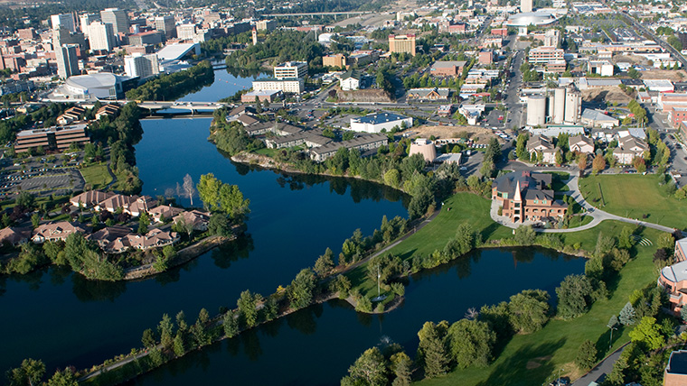 Aerial view of the west side of campus looking towards downtown Spokane.