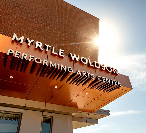 The suns shines on the Myrtle Woldson Performing Arts Center.