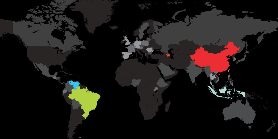 灰色世界地图，5个国家用彩色标记