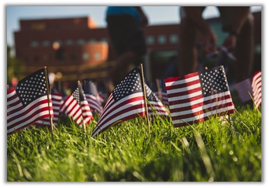 Mini American flags on the field in front of Foley Library