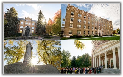 Top left: College Hall, Top Right: Desmet Hall, Bottom Left: Aluminum Jesus, Bottom Right: Saint Al's stairs