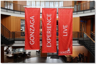 Gonzaga Experience Live banners in the Hemmingson Center Rotunda