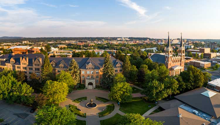 Aerial view of campus looking south, featuring College Hall and St. Aloysious church