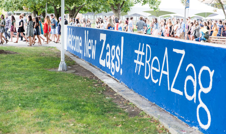 'Welcome New Zags! #BeAZag' written on the Zag wall.