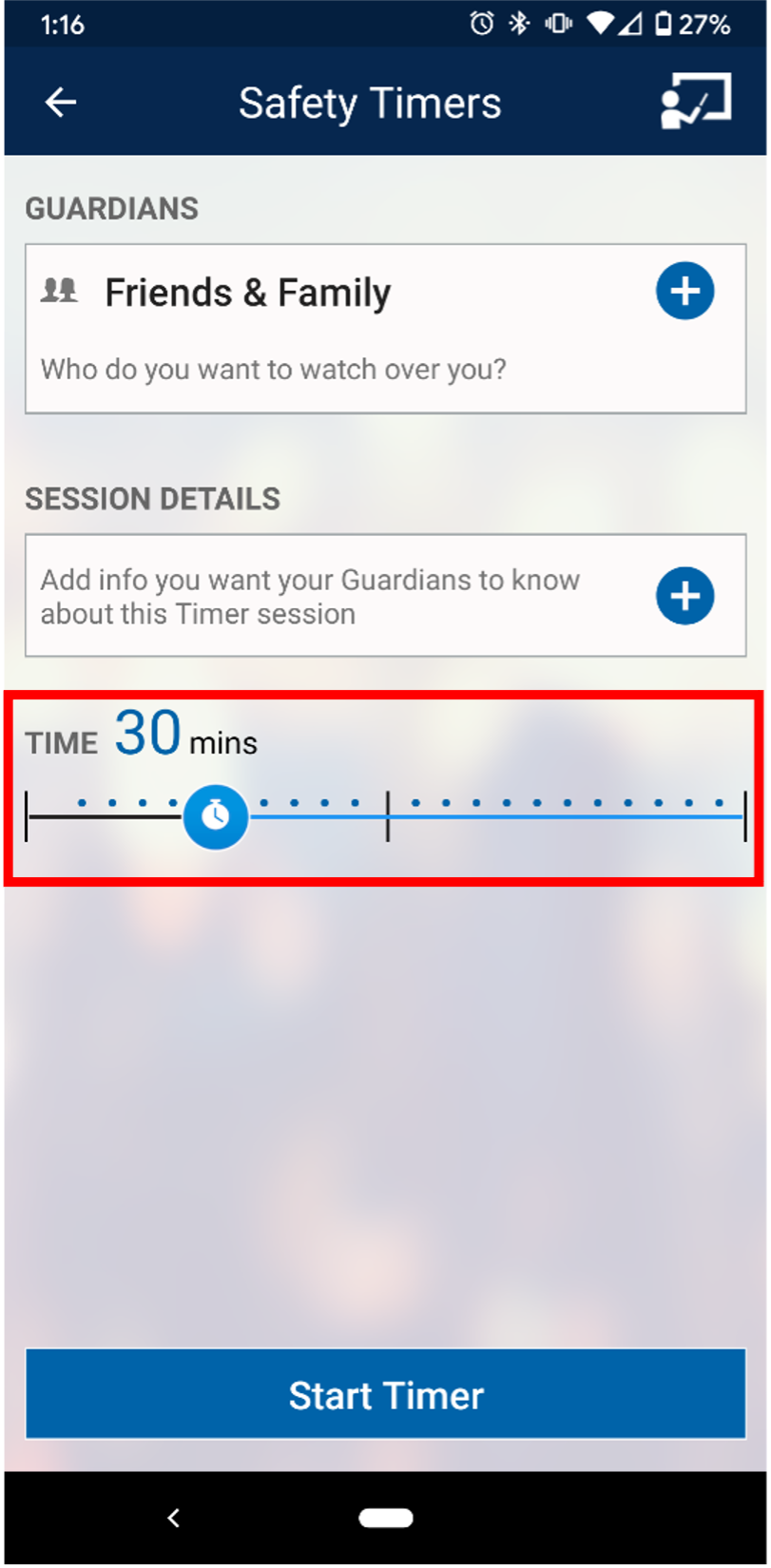 Select time for  safety timer on Guardian app