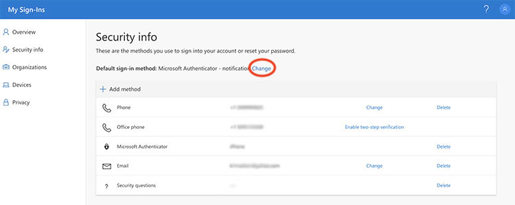 Mutli-Factor Authentication Security Info Screen