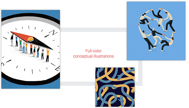 Examples of three styles of editorial illustration drawings.