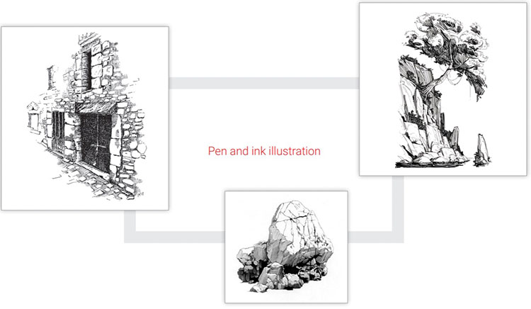 Examples of three pen and ink style illustrations.