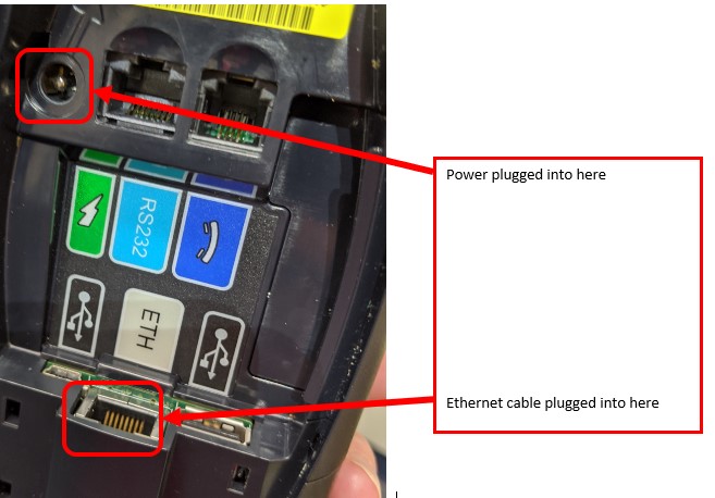 Image of the bottom of a card reader showing where the power and Ethernet cable should be correctly plugged in.