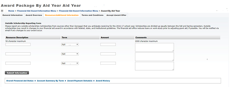 Screenshot of ZagWeb Award by Aid Year form