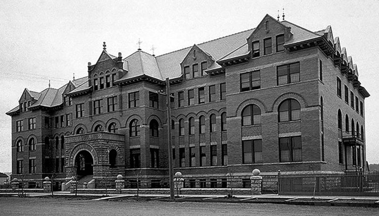 Black and white photo of the historic Ӱԭ Administration Building, also known as College Hall, circa 1898.