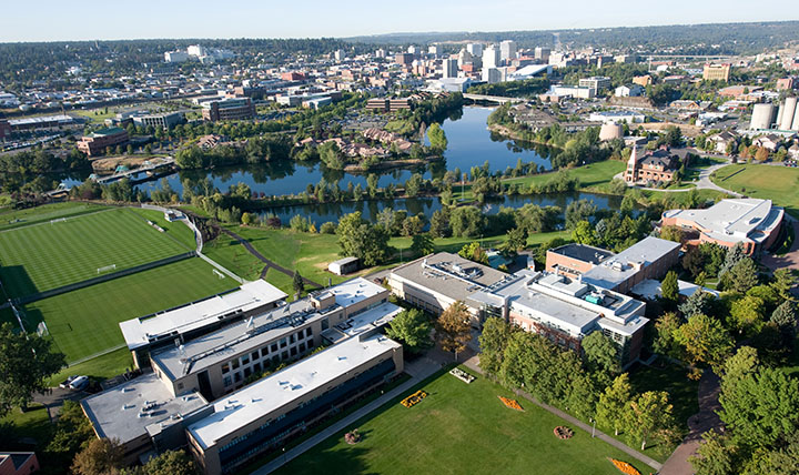 Gonzaga campus and Spokane skyline.