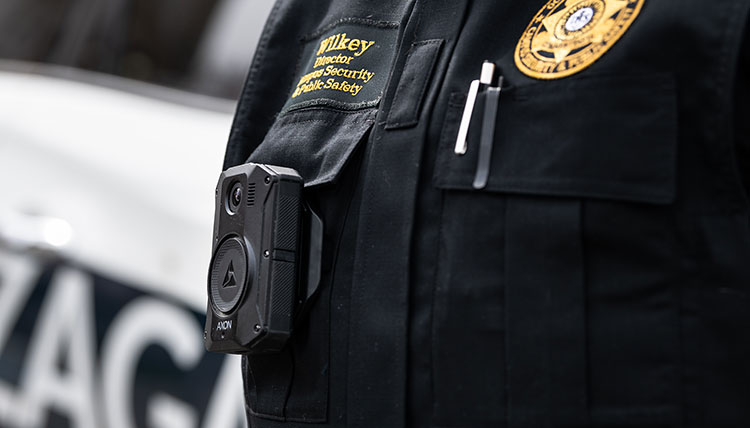 A Gonzaga University CSPS officer demonstrates the body camera that will be piloted during the 2022-23 Academic Year.