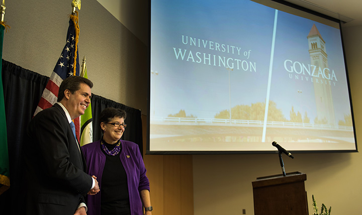 Gonzaga and University of Washington President at partnership announcement.
