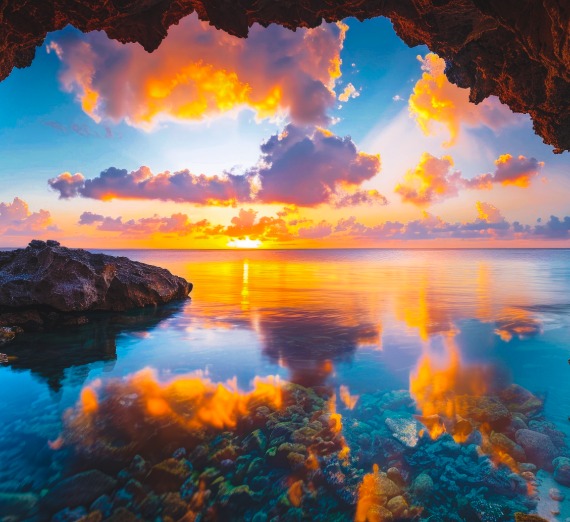 Image of Clouds reflecting off pristine water at sunset