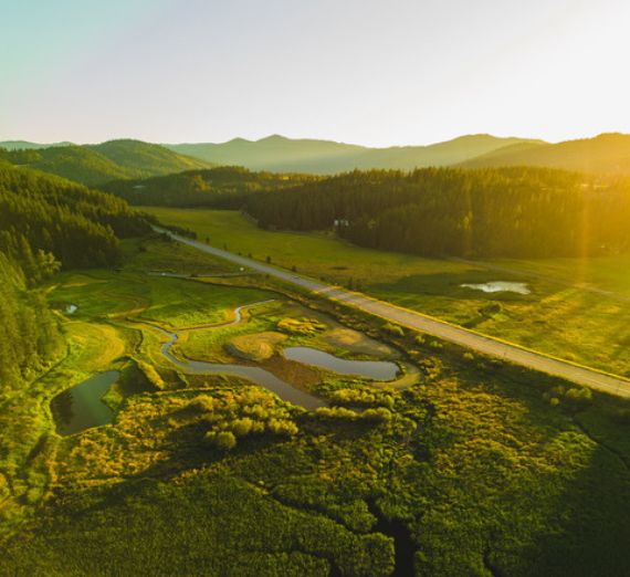 Drone image of valley landscape