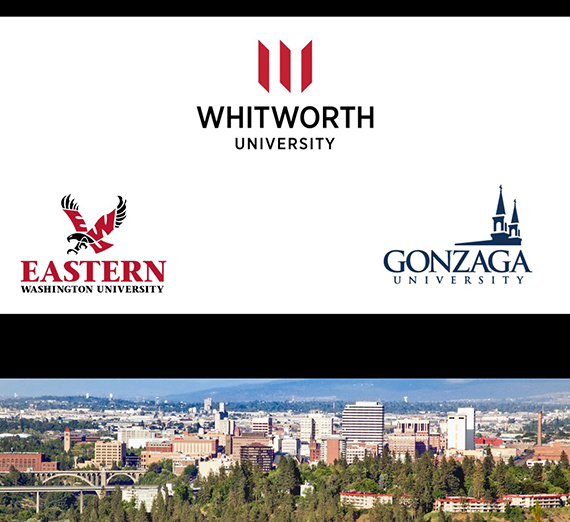 Image of Spokane Skyline along with Whitworth, Gonzaga and EWU logos