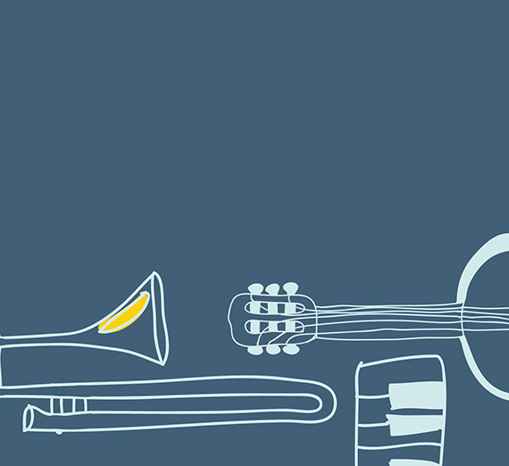 Image of guitar, keyboard, and trombone