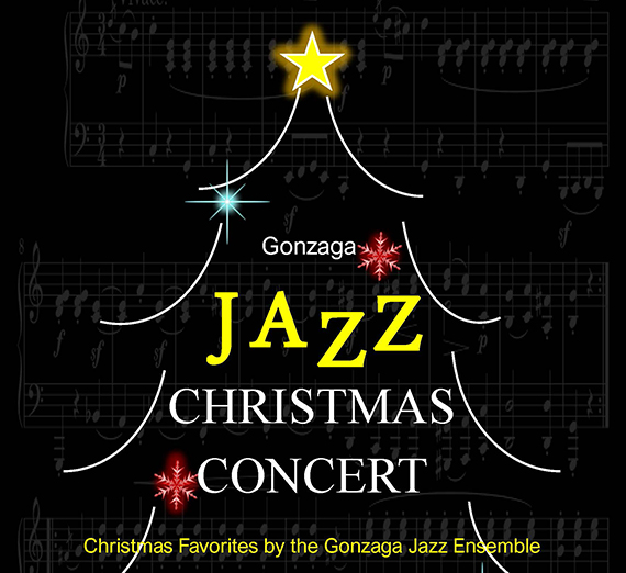 Image of a Christmas Tree with text: Gonzaga Jazz Christmas Concert. Join us for evening of Christmas Favorites