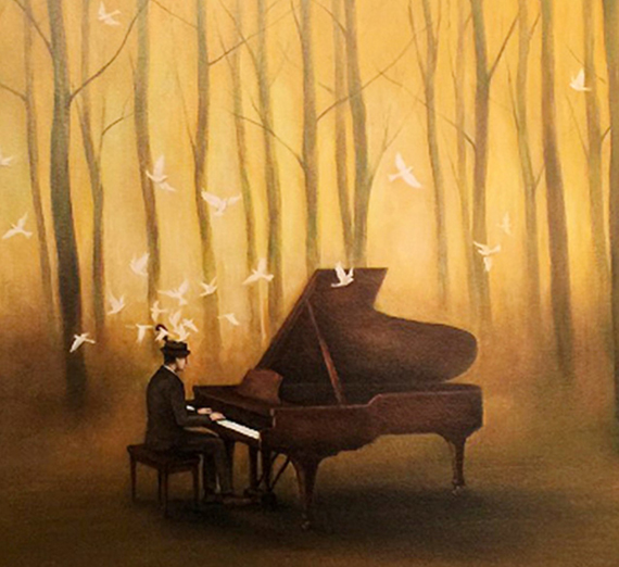 Painting of a man playing piano in the woods