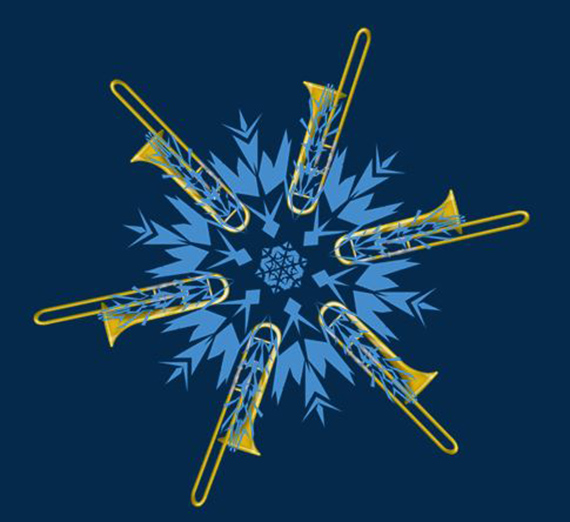 Image of a snowflake comprised of trombones