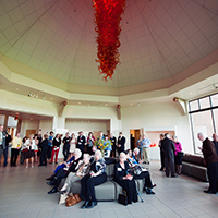 Chihuly red chandelier featured in the Jundt Art Museum on the Gonzaga campus.
