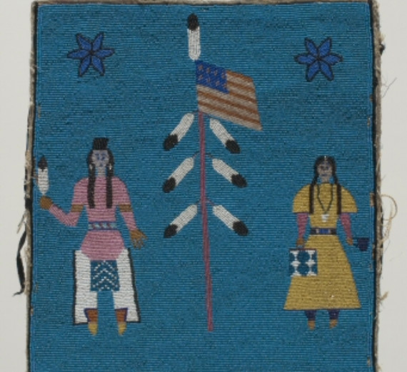 Bag front only. Fully beaded front, medium background with realistic design of a man holding a feather and a woman holding a cup with a flag staff with eagle feathers in the center, on a blue background. No edging on bag front. Buckskin handles and ties with beads., length: 12"; width: 11"
