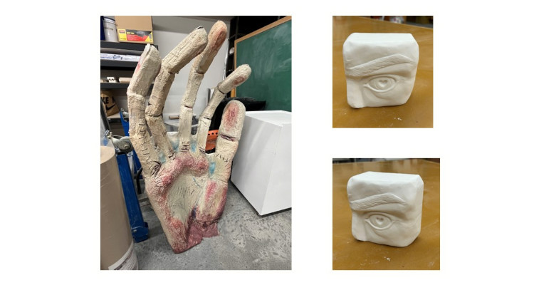 3D sculptures of an articulated hand and an eye