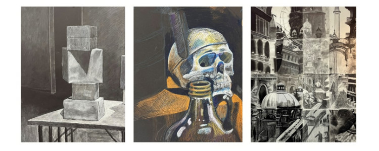 Three dwarings-one of an abstract sculpture, one of a skull and bottle, one with abstract building images. 