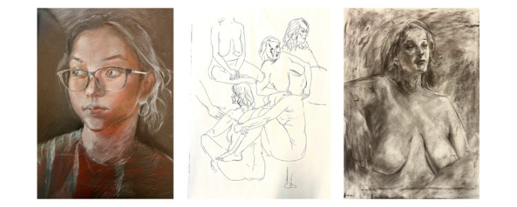 Two drawings of nudes and one of a face.