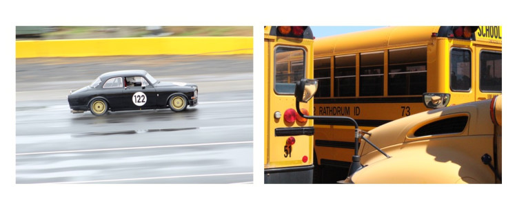 Photos of a car on a track and several buses. 