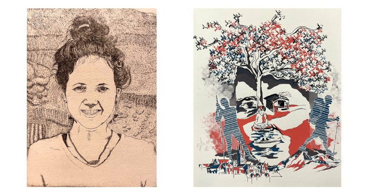 Two prints of faces.