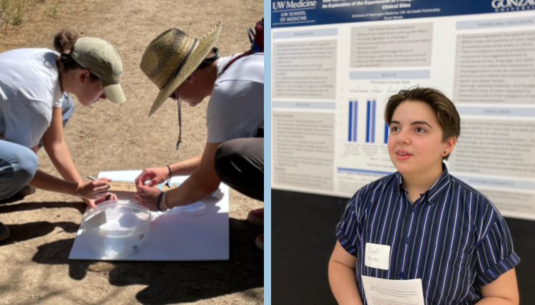 GU students doing field research and GU student presenting a poster