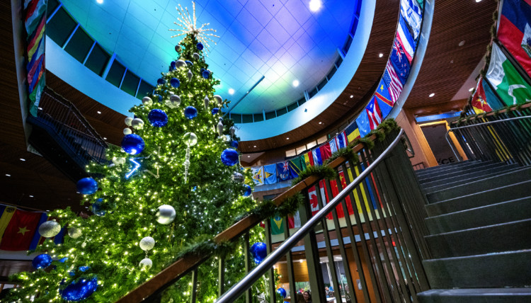 The Gonzaga University Christmas Tree in the Hemmingson Rotunda.