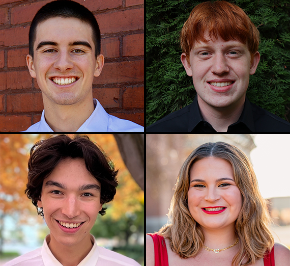 Four winners of the 2025 Young Artists Concerto & Aria Competition for the Gonzaga Symphony Orchestra, pictured in individual portraits against outdoor backgrounds. These talented musicians represent the next generation of classical performers.
