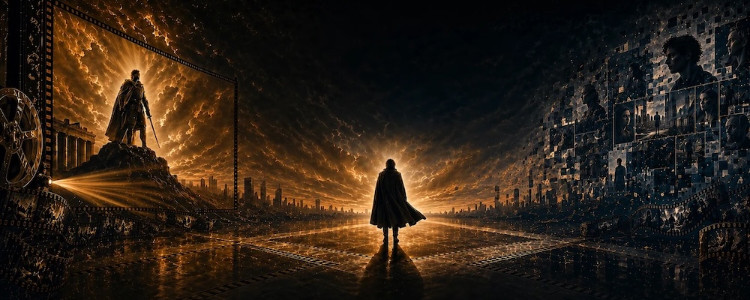 Imagery includes caped silhouette and soldier with sword on a hill with a city scape silhouette in the background.