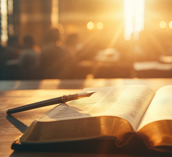 Open bible with pen and sun through a window in the background.