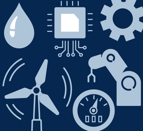 icons of water microchips gear robot wind power