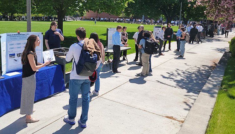 Sidewalk with multiple people at tables on a sunny day, looking at academic posters and talking