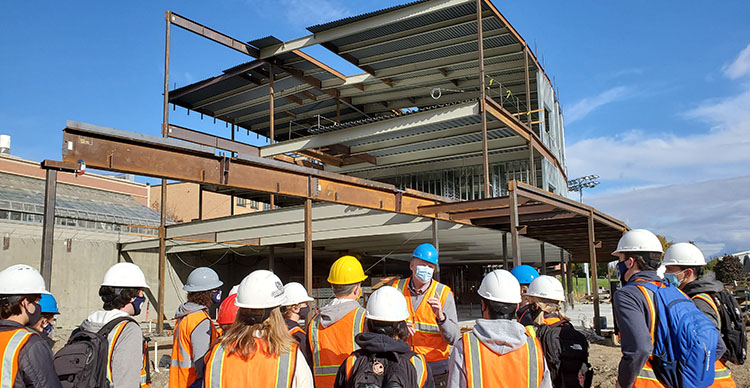 51�Թ�s in hardhats tour the construction of the Bollier Center on Gonzaga's campus