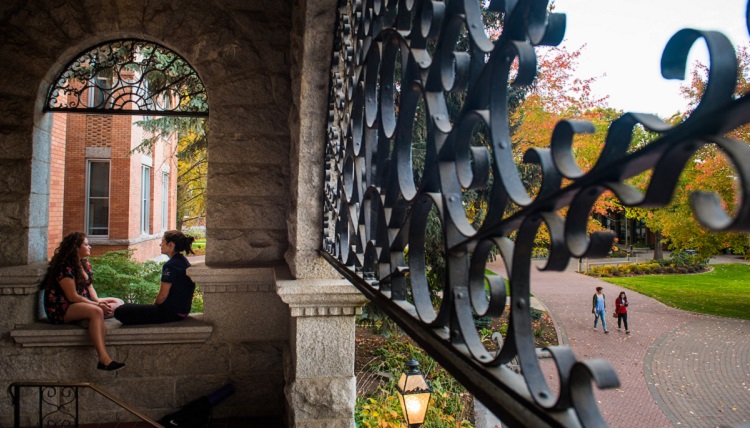 Students enjoying the campus in the fall.