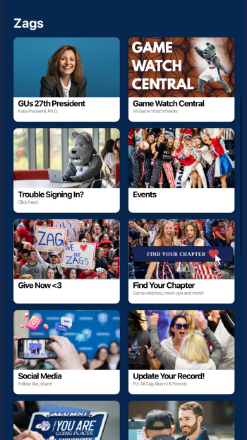 Zag Nation app interface with a 2-column of tile displaying images representing the various ways users can interact with ������ while using the app.
