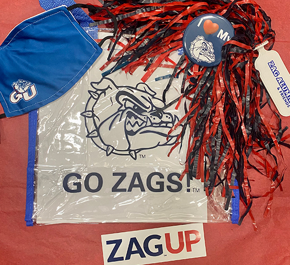 Gonzaga Day Giveaway prizes: clear bag, pom poms, sticker, butto