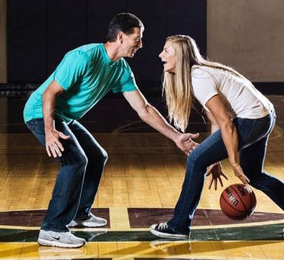 Gonzaga Alum and Basketball Legend John Stockton '84 and Gonzaga Alumna daughter Laura Stockton '19 play basketball 