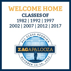 Welcome Home Classes of 1982, 1992, 1997, 2002, 2007, 2012, 2017. All class reunion: Zagapalooza. October 14-16, 2022