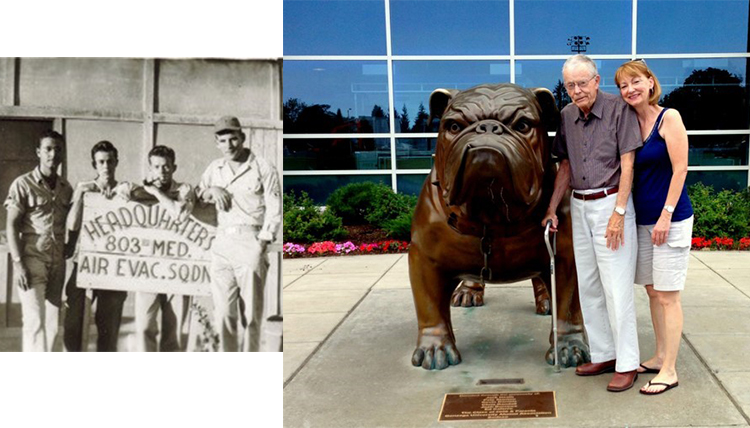 two separate images; one of men in WWII and one of an elderly man with his daughter at the statue of Spike near McCarthey Athletic Center