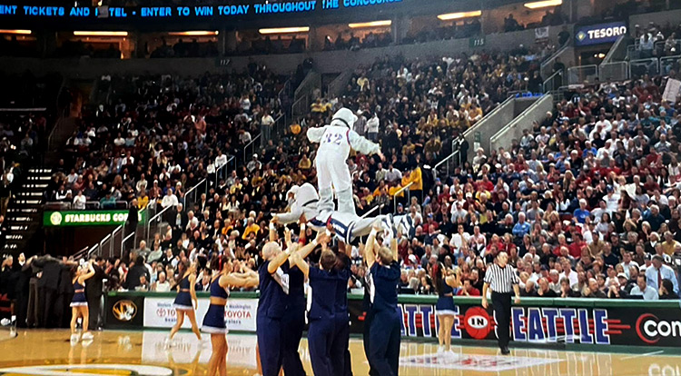 Spike, the Gonzaga mascot, performs at a basketball game