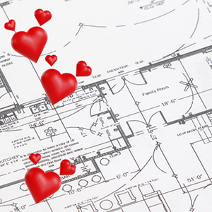 Building blueprints with red hearts on the left side.