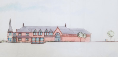 An architectural drawing of the Jundt Art Museum. 