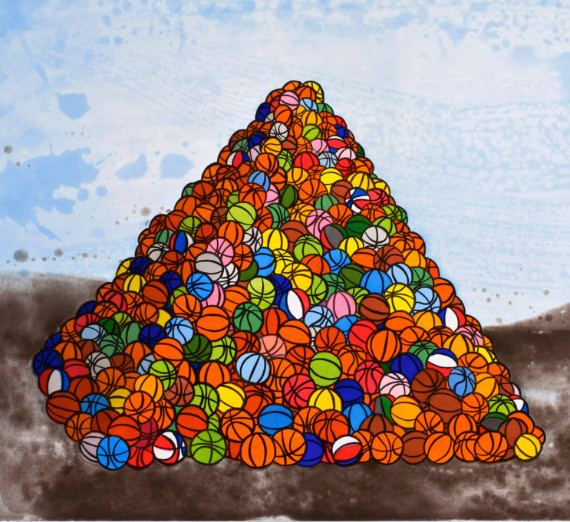 Illustration of a pyramid of multi-colored basketballs